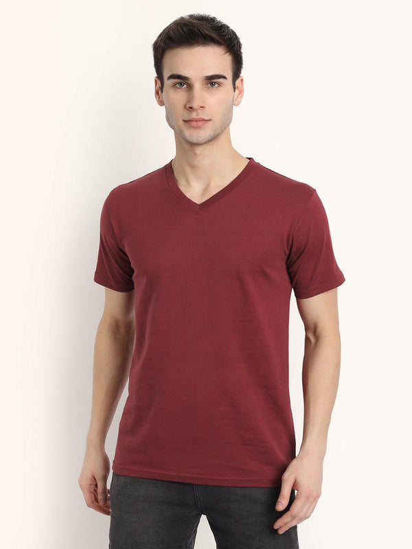 V Neck SHORT SLEEVE T SHIRT - Maroon - YK