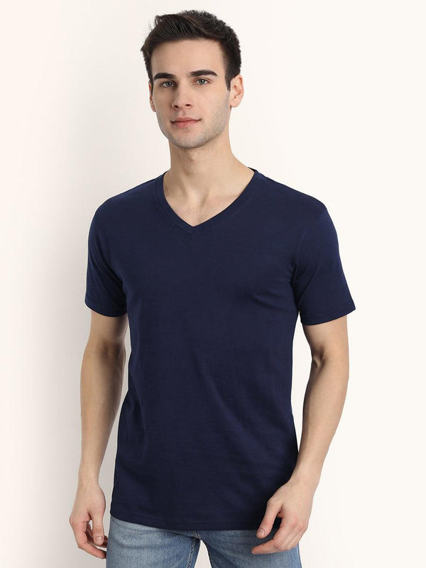 V Neck SHORT SLEEVE T SHIRT - Navy Blue - YK