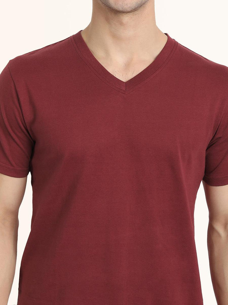 V Neck SHORT SLEEVE T SHIRT - Maroon - YK